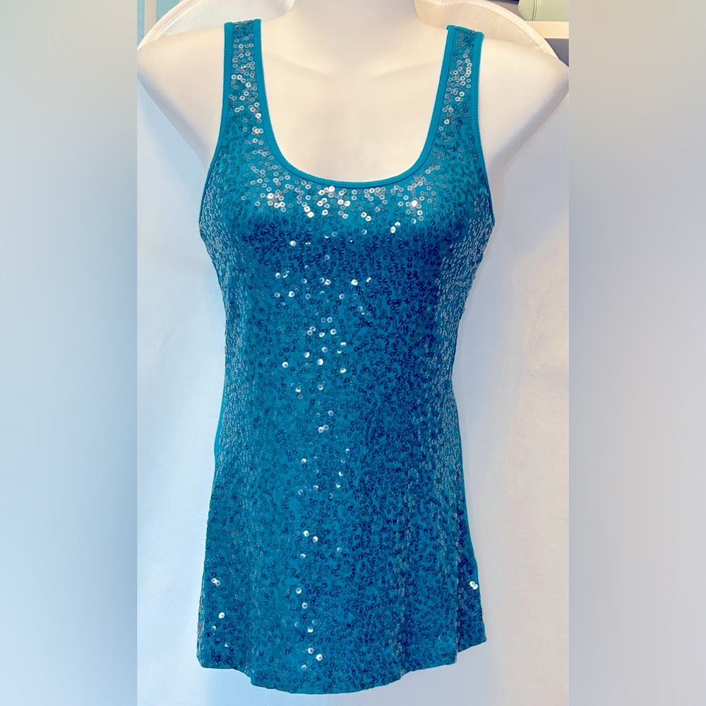 Women’s Y2K Vintage Express Teal Blue Sequin Sparkling Fitted Tank Top size M